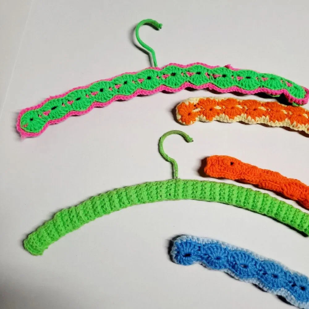 Lot Of 5 Vtg Handmade Crochet Wood Hangers Granny Core Multicolored 17”